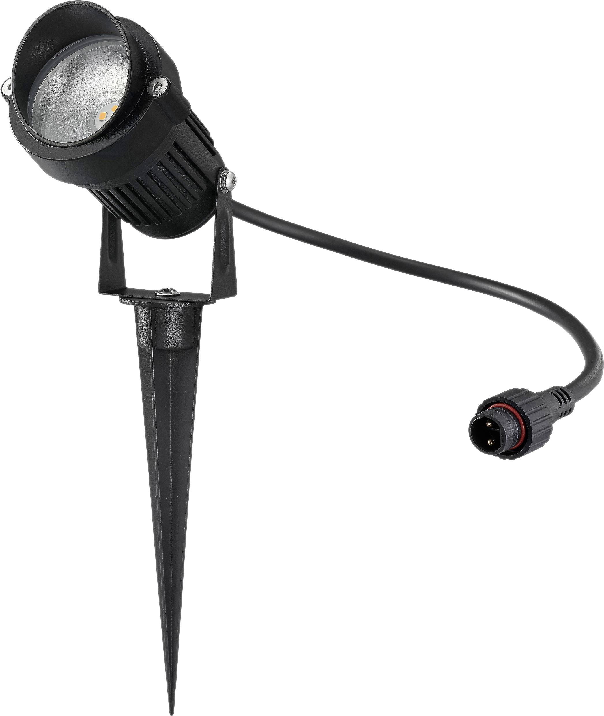 Kerti LED reflektor fekete burkolattal, talajba szúrható hegyes talppal és tápcsatlakozóval, kerti világításhoz tervezve.