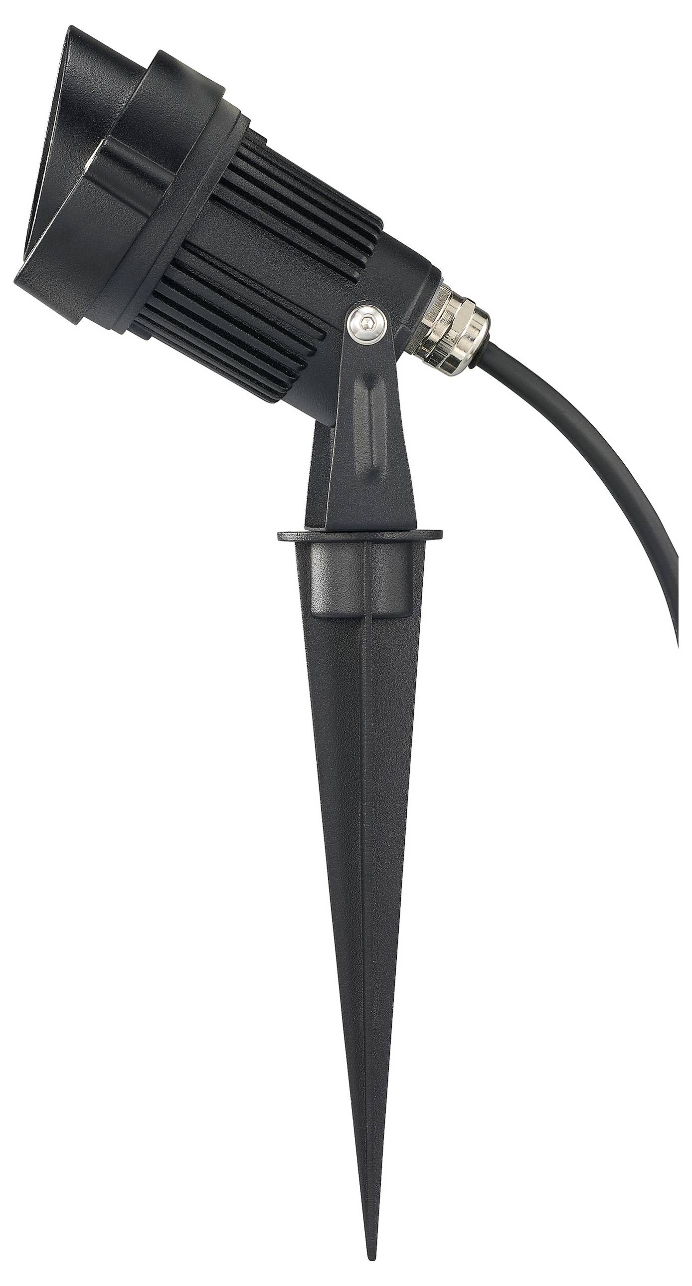 Egy fekete kerti reflektor hegyes tüskével, amely könnyen leszúrható a talajba, állítható fejjel a célzott megvilágításhoz.