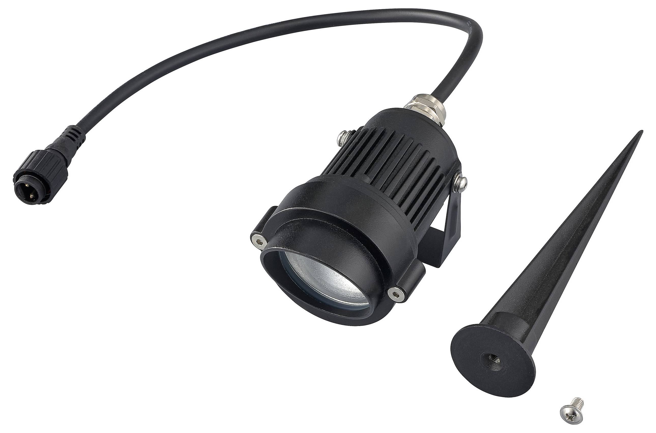 Egy fekete kültéri tájvilágító reflektor, amelynek talajrögzítő nyele és csavarja külön van ábrázolva, karcsú dizájnnal és hosszú tápkábellel.