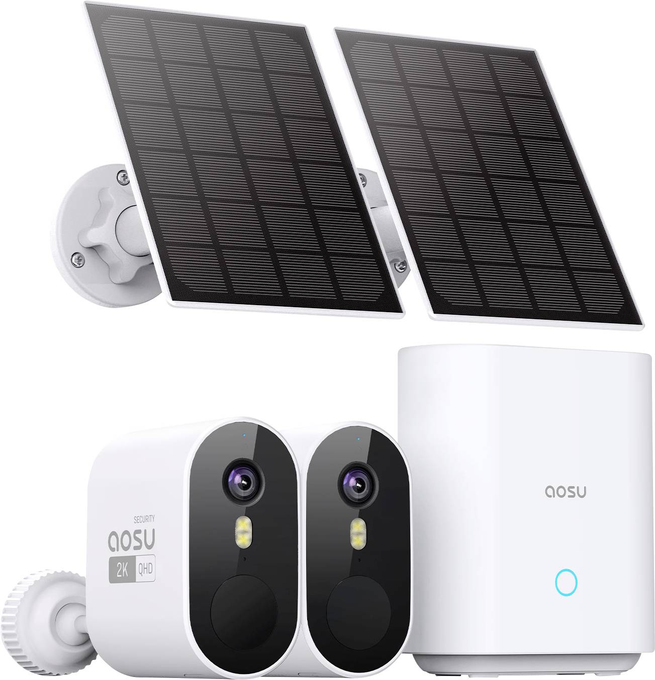 Két Aosu biztonsági kamera és napelem, egy alapállomással együtt. Megfigyelő és energiaellátó eszközök.