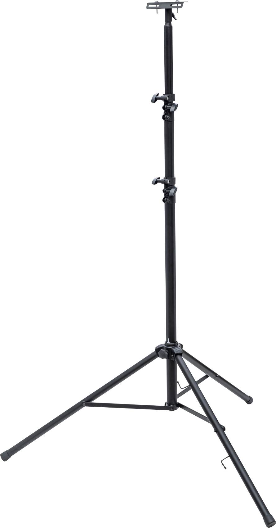 Fekete állítható fényállvány tripod három lábbal és felül elhelyezett szerelőkonzollal.