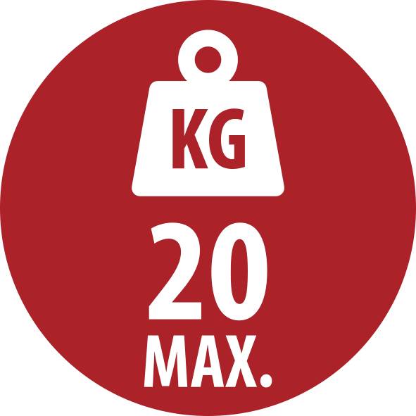 Piros kör alakú súlykorlát tábla, amely 20 kg-os maximális terhelést mutat, függő súly ikonnal és "KG" szöveggel.