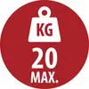 Piros kör alakú súlykorlát tábla, amely 20 kg-os maximális terhelést mutat, függő súly ikonnal és "KG" szöveggel.