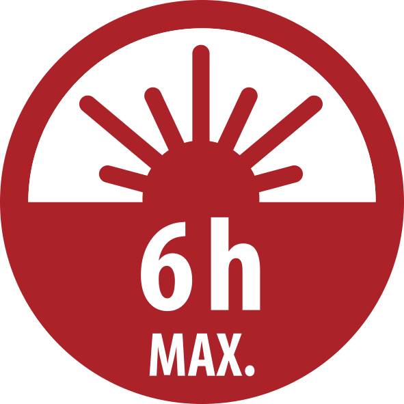 Piros körkörös figyelmeztető tábla napfelkelte ikonnal és a „6h MAX." szöveggel, amely egy maximum 6 órás korlátot jelez.
