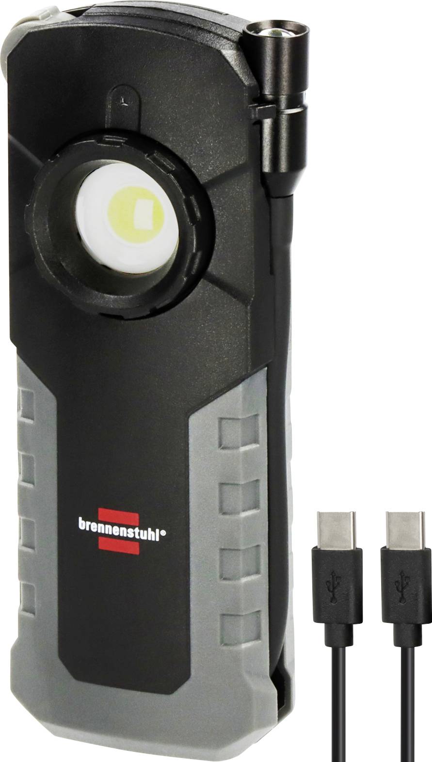 Hordozható fekete és szürke LED munkalámpa felfüggesztő horoggal és mellette elhelyezett két USB-kábellel