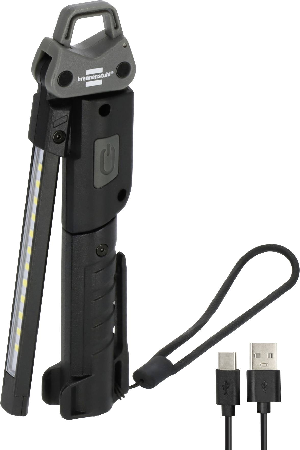 Fekete akkumulátoros LED munkalámpa fogantyúval és csuklópánttal, USB töltőkábellel és csatlakozóval felszerelt, fehér háttéren megjelenítve