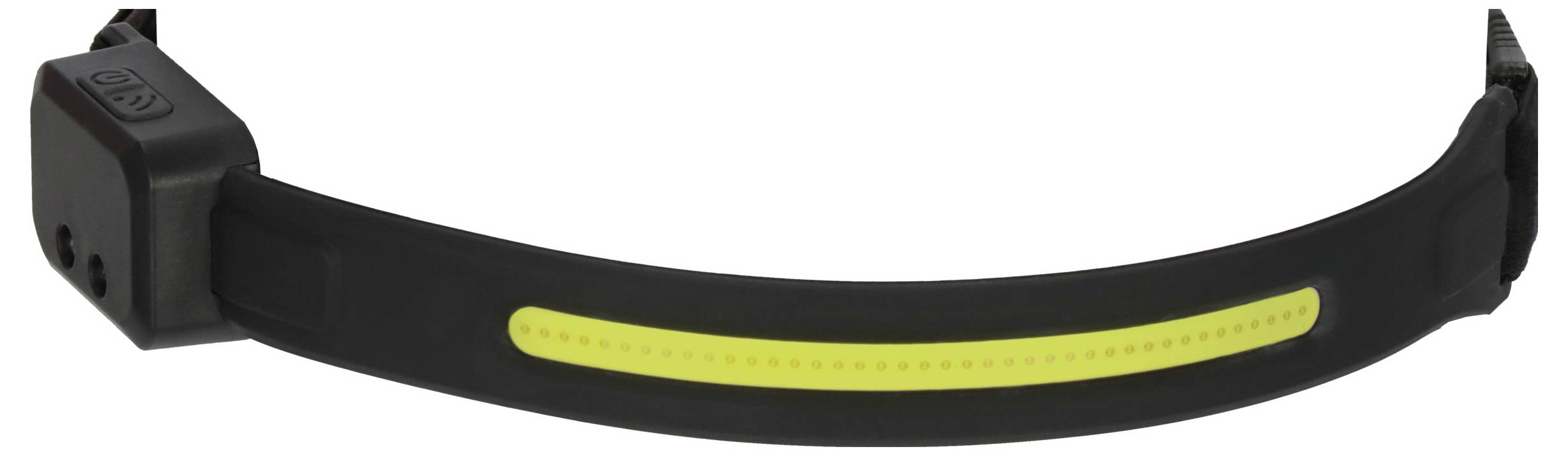 Fekete csukló körül hordható fitness tracker sárga LED fénysávval az szalagón és egy kis szenzormodullal az egyik végén.