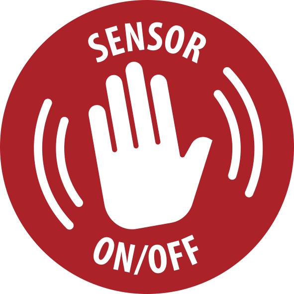 Piros, kör alakú „SZENZOR BE/KI" ikon fehér kézzel és mozgásvonalakkal, amely egy érintésaktivált szenzorkapcsolót jelez.