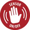 Piros, kör alakú „SZENZOR BE/KI" ikon fehér kézzel és mozgásvonalakkal, amely egy érintésaktivált szenzorkapcsolót jelez.