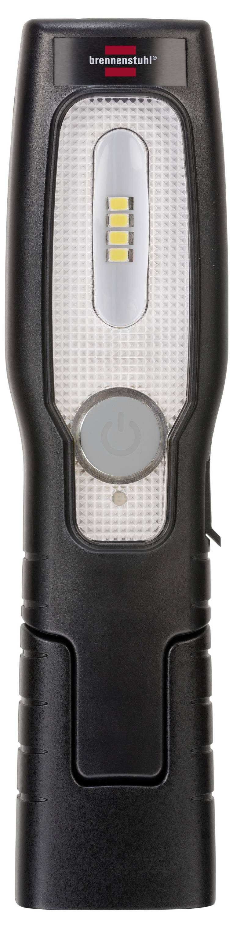 Fekete Brennenstuhl kézi LED munkalámpa négy sárga LED-del és egy nagy kerek bekapcsológombbal.