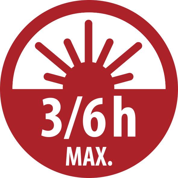 Piros kör alakú tábla egy felkelő nap ikonnal és a „3/6h MAX." felirattal, amely legfeljebb 3 až 6 óra időtartamot jelöl.