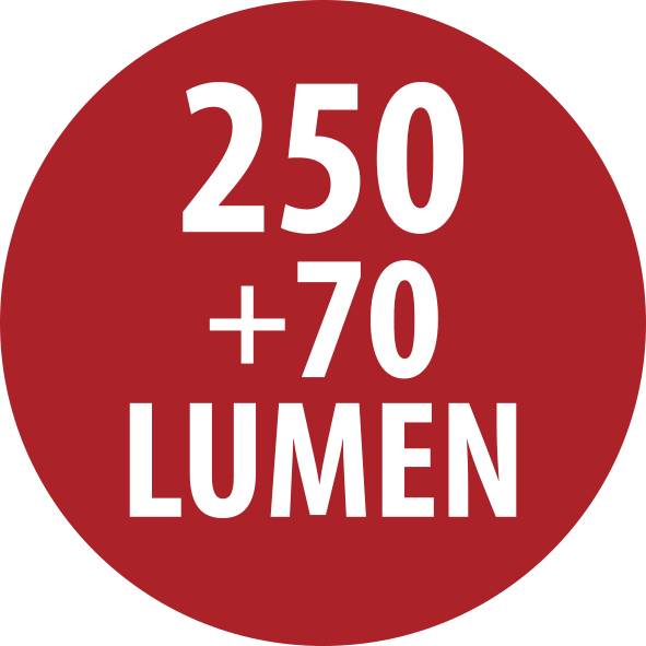 Piros kör alakú címke, fehér szöveggel, amelyen a "250 +70 LUMEN" felirat látható.
