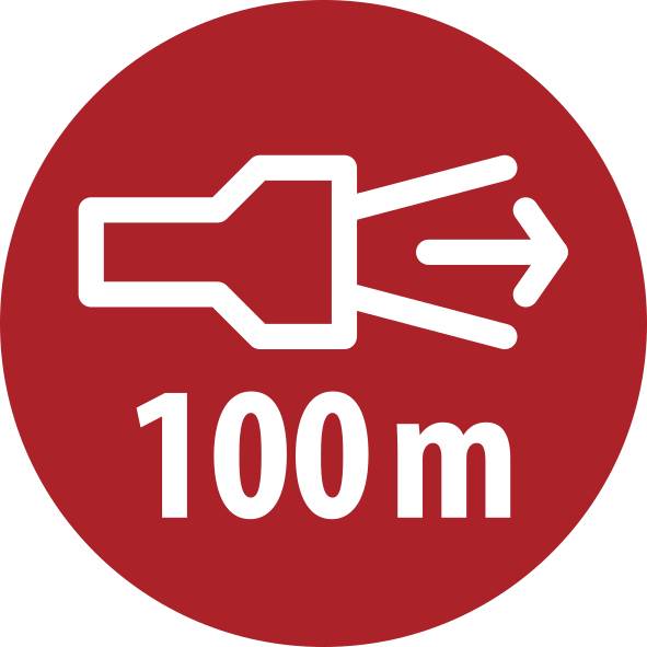 Piros, kör alakú közlekedési tábla, amely egy fehér, jobbra mutató trombita vagy kürt alakú szimbólumot jelenít meg, amely felett "100m" áll, jelezve, hogy a kürtjelzés vagy hangjelzés 100 méter múlva érvényes.