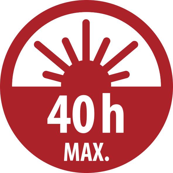 Piros kerek figyelmeztető tábla felkelő nap ikonnal és a „40h MAX." szöveggel, amely maximum 40 óra expozícióra utal.