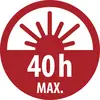 Piros kerek figyelmeztető tábla felkelő nap ikonnal és a „40h MAX." szöveggel, amely maximum 40 óra expozícióra utal.
