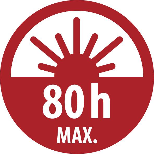 Piros kör alakú szimbólum egy napkelte alakú sugárzással a horizont felett, és a "80h MAX." felirattal, amely 80 óra maximumot jelöl.