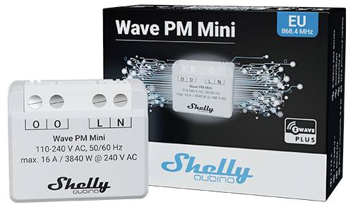 A Shelly 'Wave PM Mini' egy elektronikai eszköz az EU piacára. Támogatja a 110-240 V AC feszültséget, max. 16 A/3840 W terhelhetőséggel. Frekvencia: 868,4 MHz.