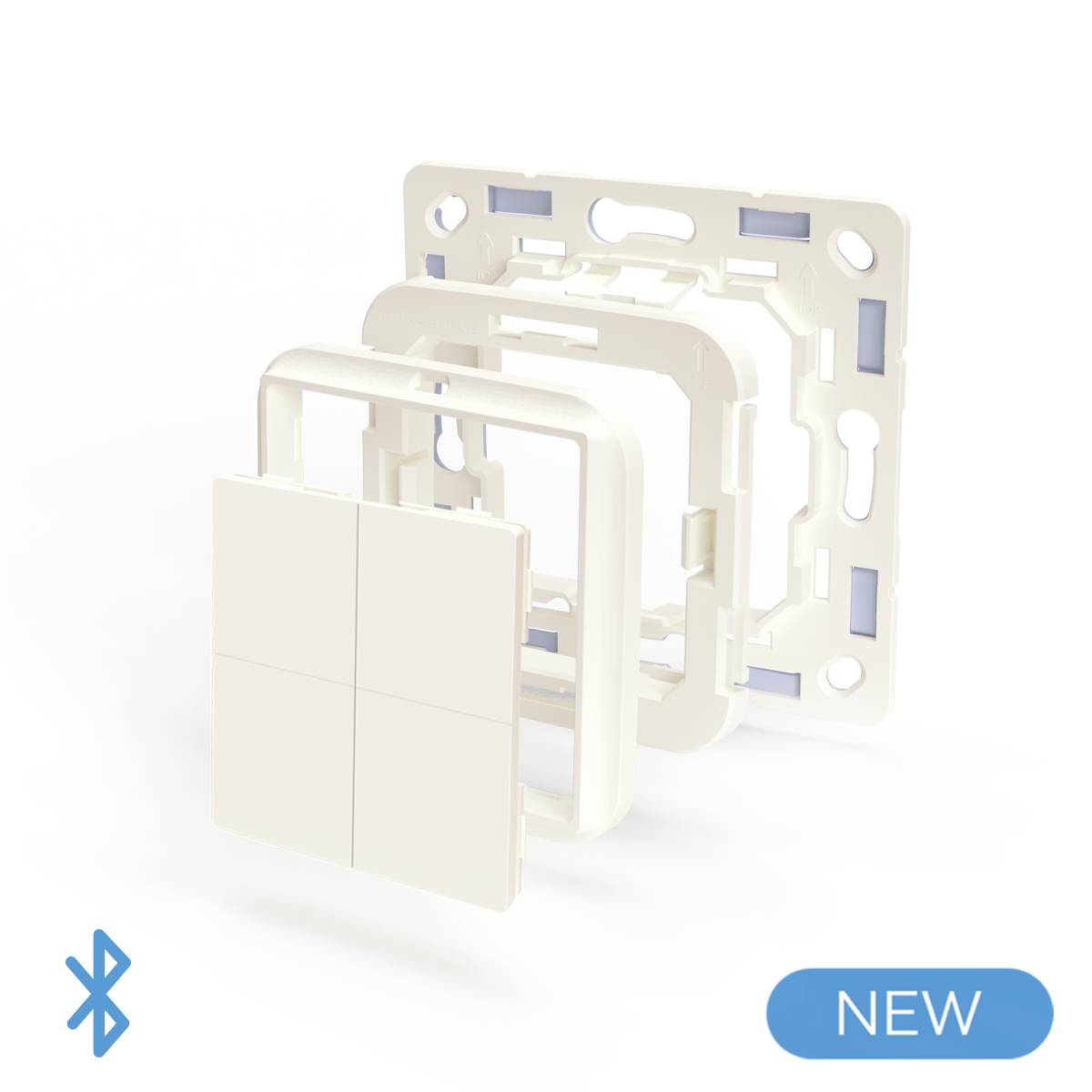 Fehér, moduláris villanykapcsoló alkatrészekre bontva, Bluetooth-kompatibilis, egy kék szimbólummal és a 'NEW' felirattal jobb alsó sarokban.