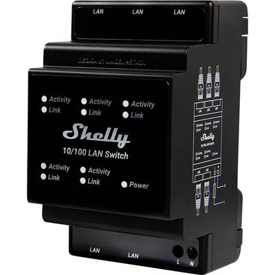Fekete 10/100 LAN-switch több LAN-porttal, aktivitás- és link-LED-ekkel, valamint tápellátás-jelzővel. Márka: Shelly.