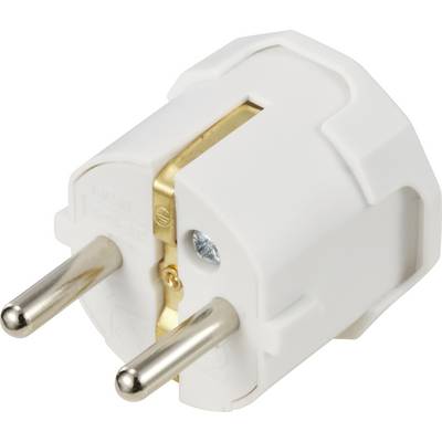 Fehér, kétlyukú európai típusú hálózati csatlakozó adapter, amelyet leggyakrabban elektromos eszközök csatlakoztatásához használnak Európában.