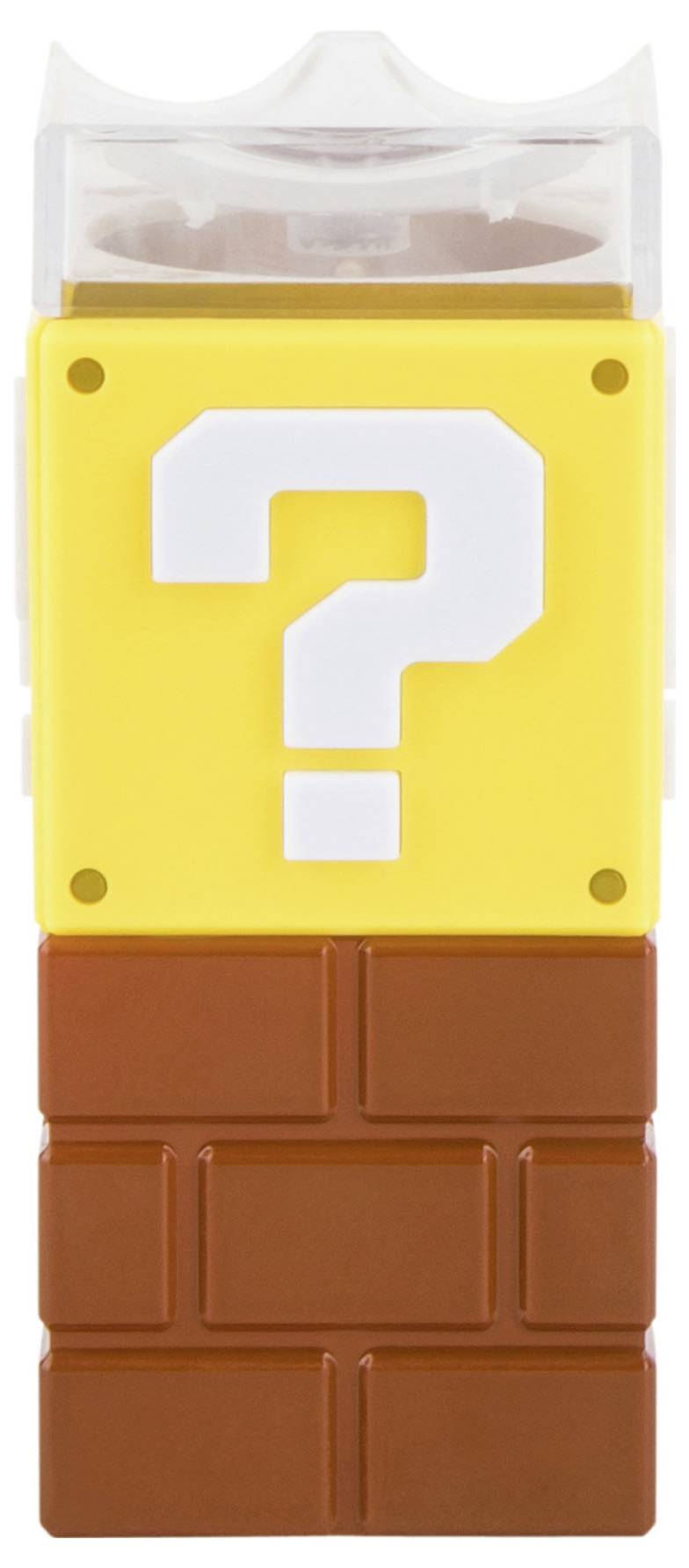 Egy sárga kérdőjel alakú játék egy videójáték stílusában, egy barna téglatesten rögzítve.