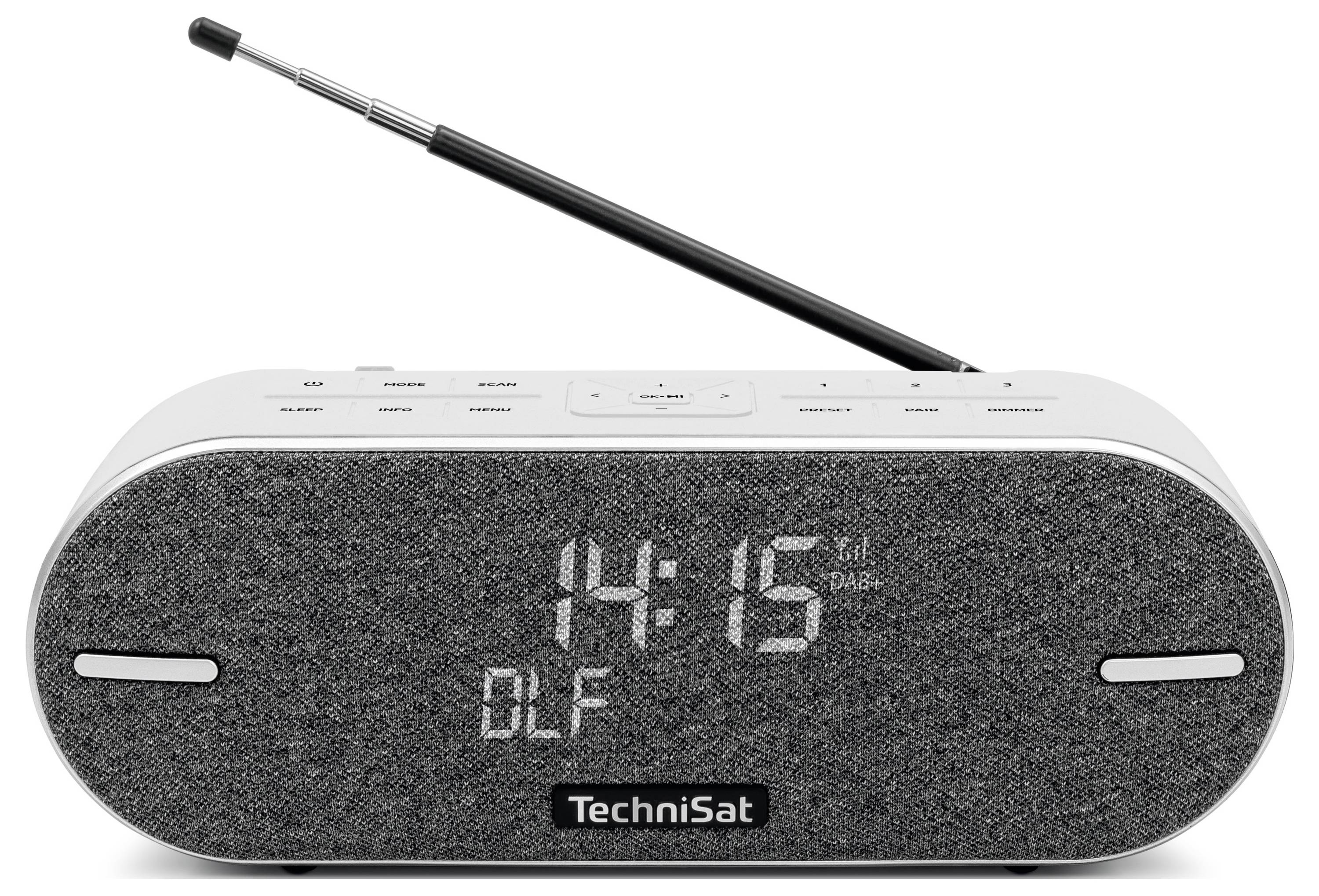 Egy TechniSat márkájú digitális rádió kihúzható antennával. A kijelzőn a '14:15' idő és a 'DLF' adó látható.