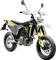 Egy sárga-fekete supermoto motorkerékpár sportos dizájnnal, elölnézetben. Széles kormány, közúti gumik, agresszív vonalvezetés.