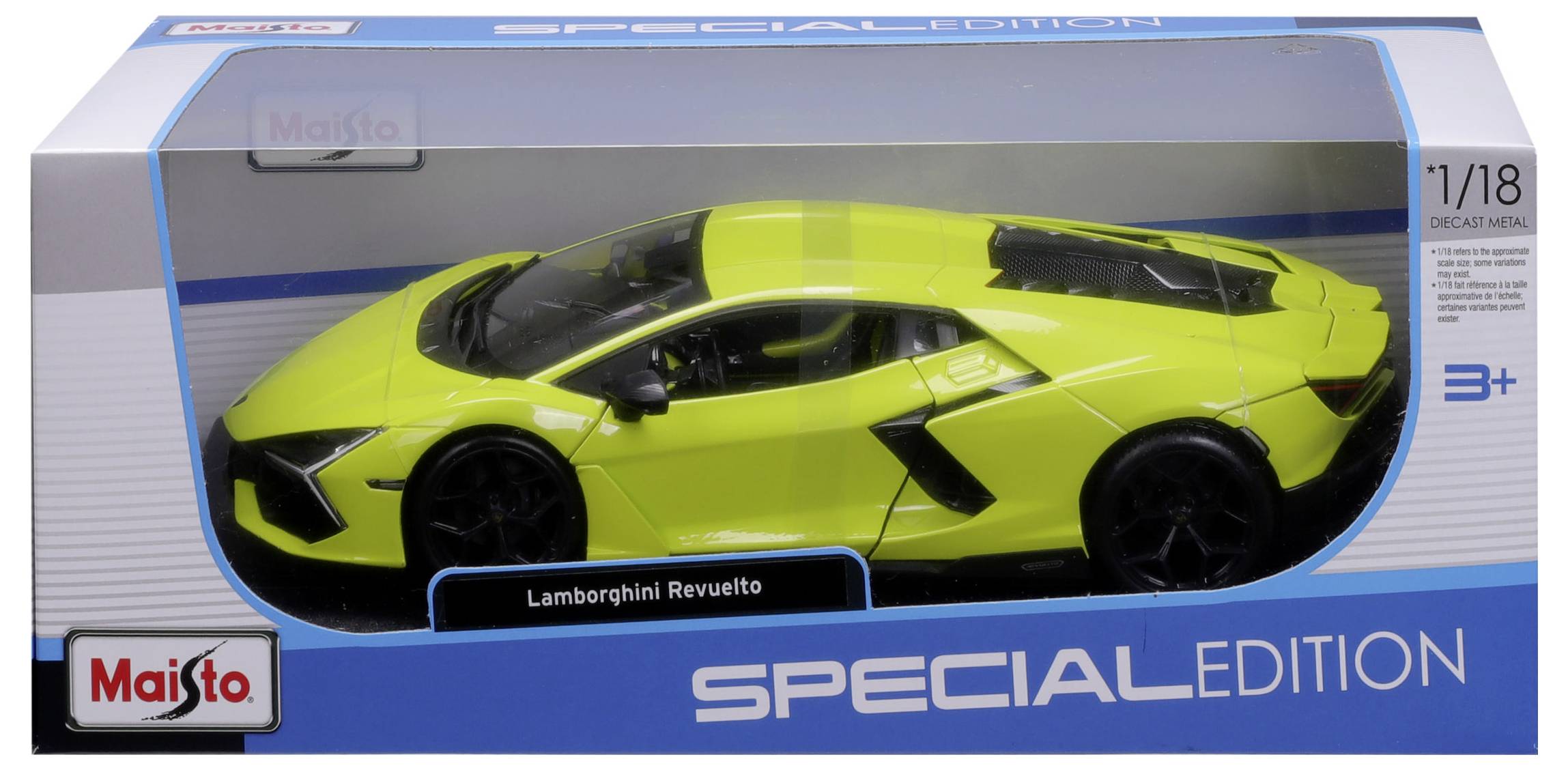Egy sárga Lamborghini Reventón modellautó, 1:18-as méretarányban, "Különkiadás" feliratú csomagolásban.
