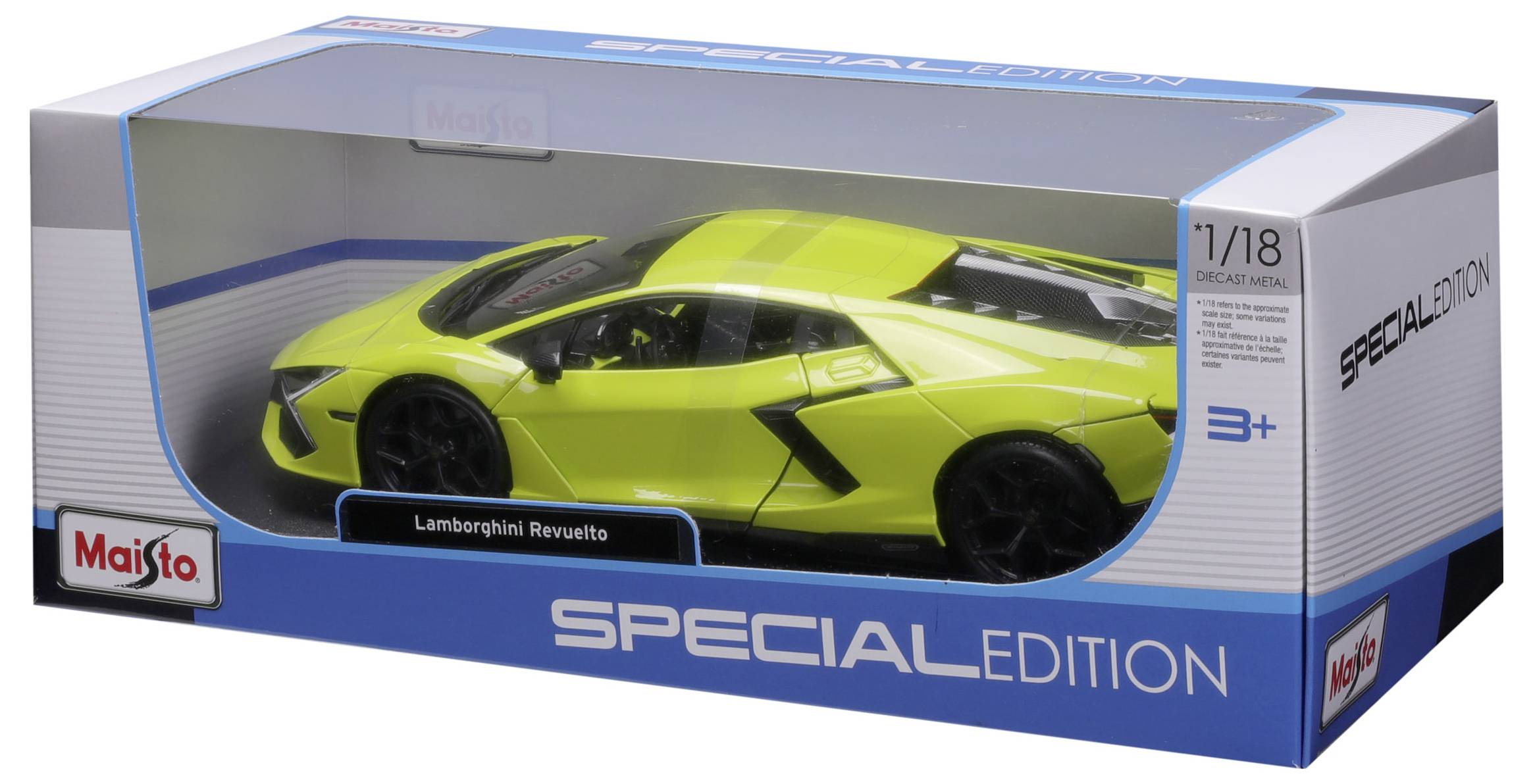 Egy sárga sportautó játékmodell, amelynek csomagolásán a 'Különleges Kiadás' felirat szerepel. Méretaránya 1:18.