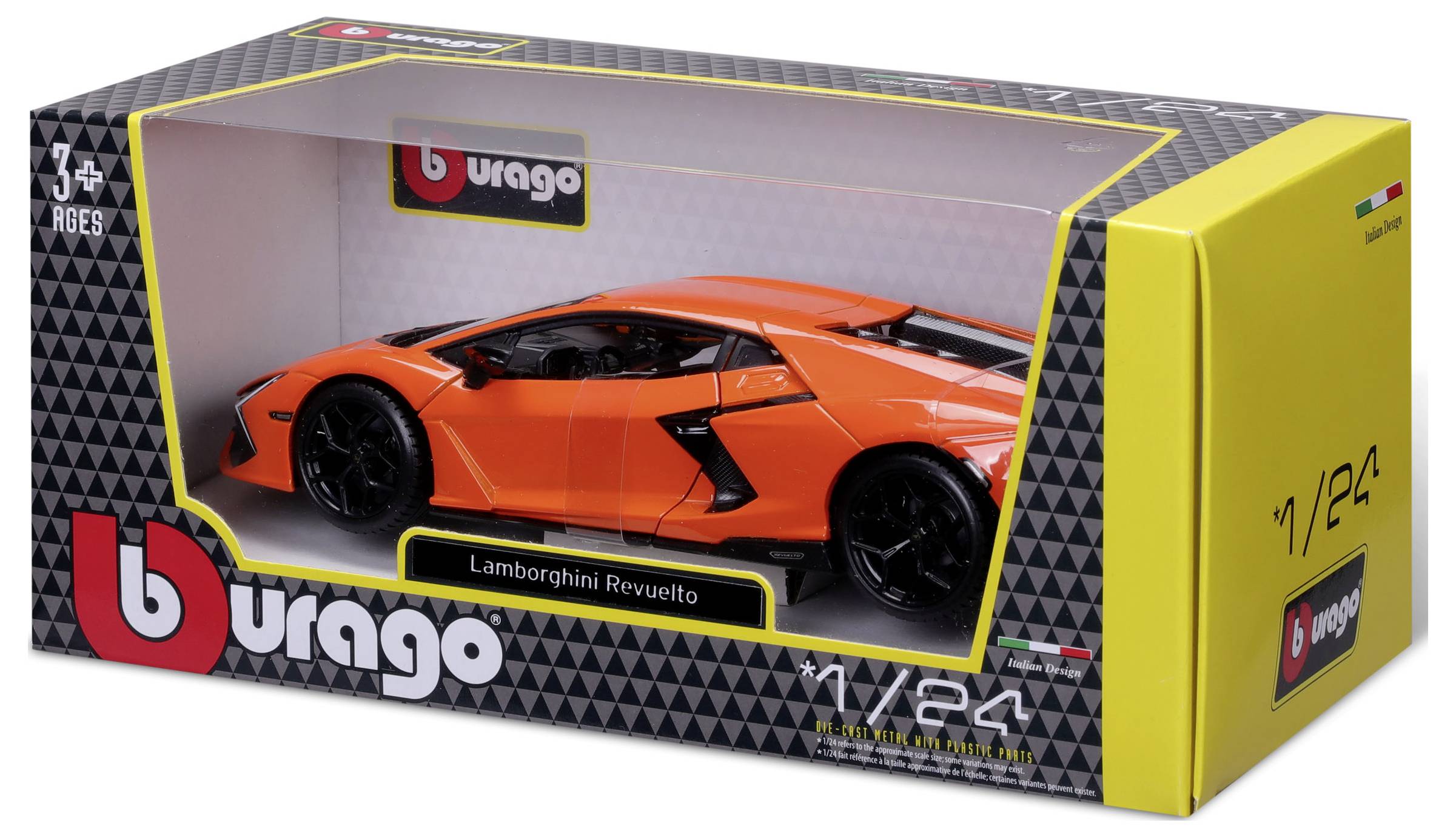 Egy narancssárga modellautó (Lamborghini Revuelto) Burago csomagolásban, 3 éves kor feletti gyermekek számára.