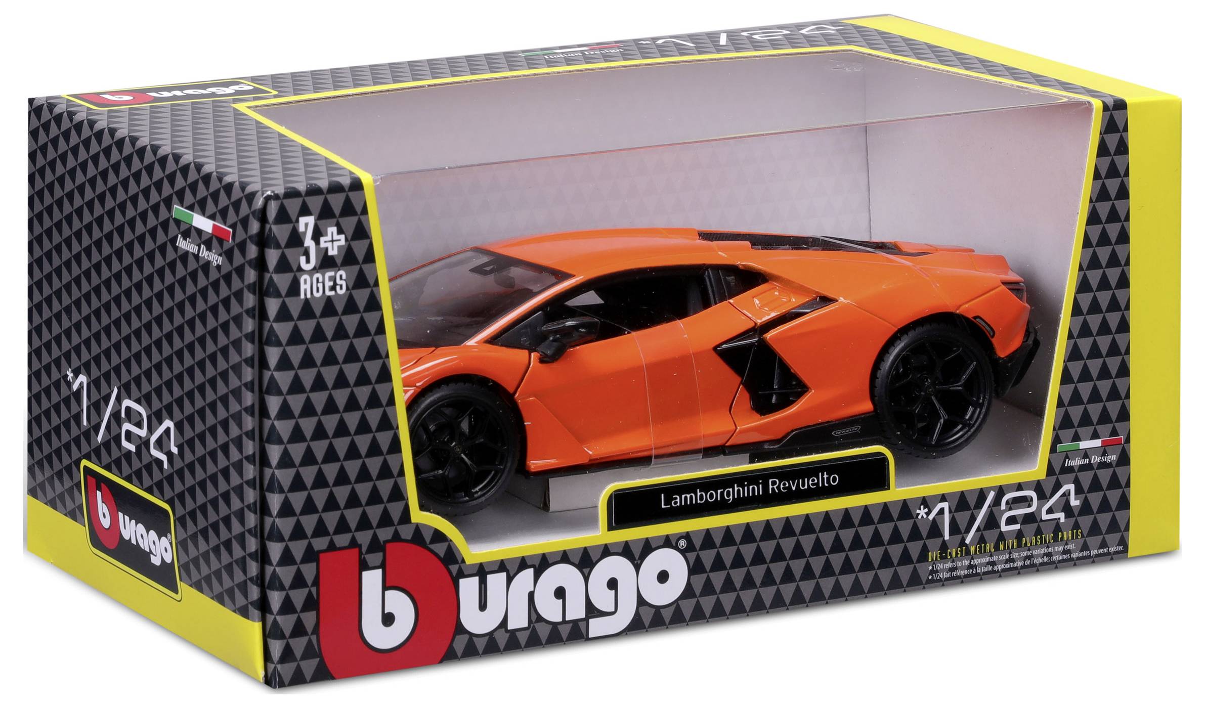 Egy narancssárga Lamborghini játékautó Bburago csomagolásban, 3 éves kor felett ajánlott. A modell 1:24 méretarányú.