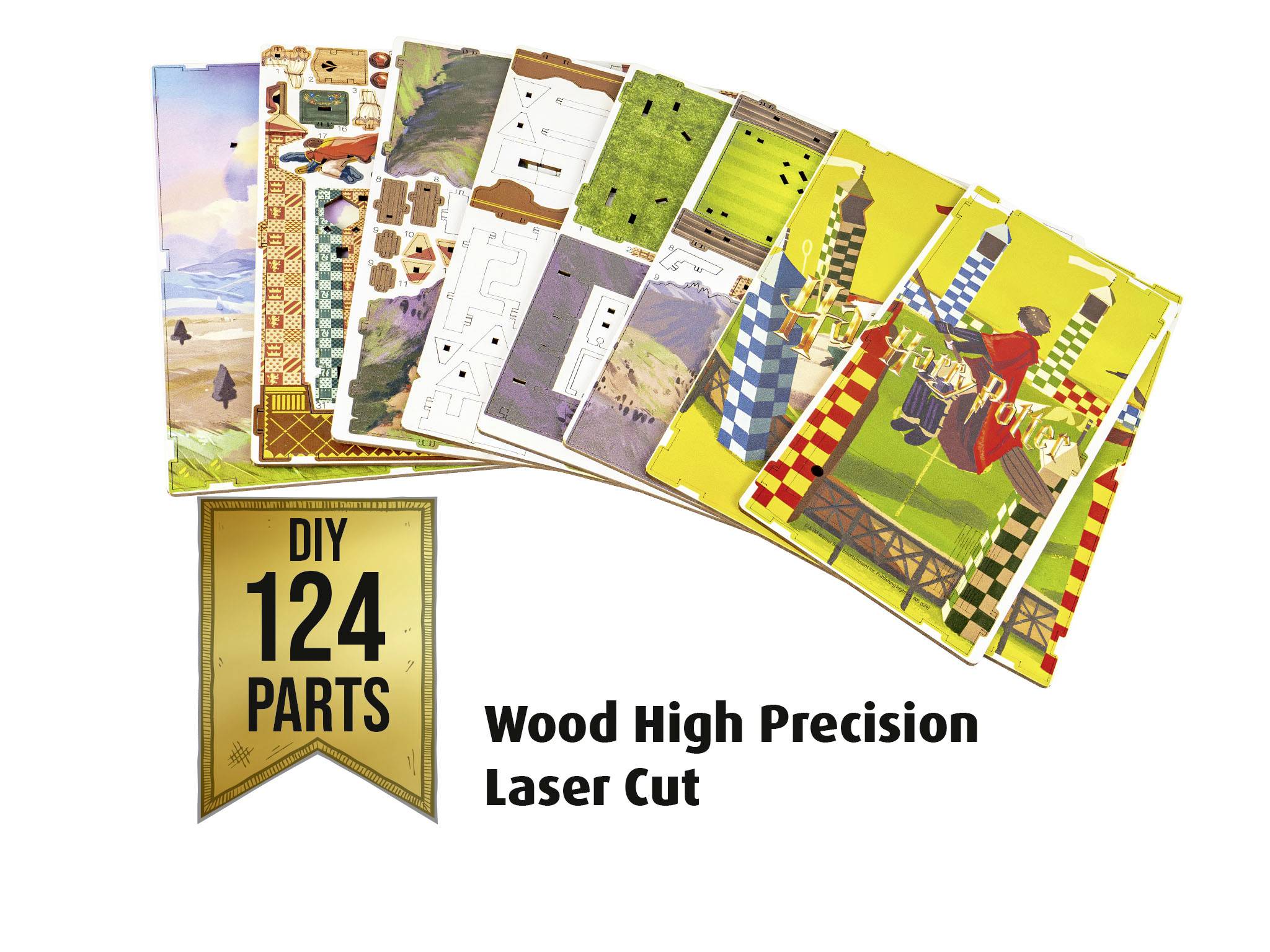 'DIY 124 darab, fa, nagy pontosságú lézervágás' színes sablonokat mutat egy fa modellprojekthez. Tartalmaz táj- és épületarchitektúra részleteket.