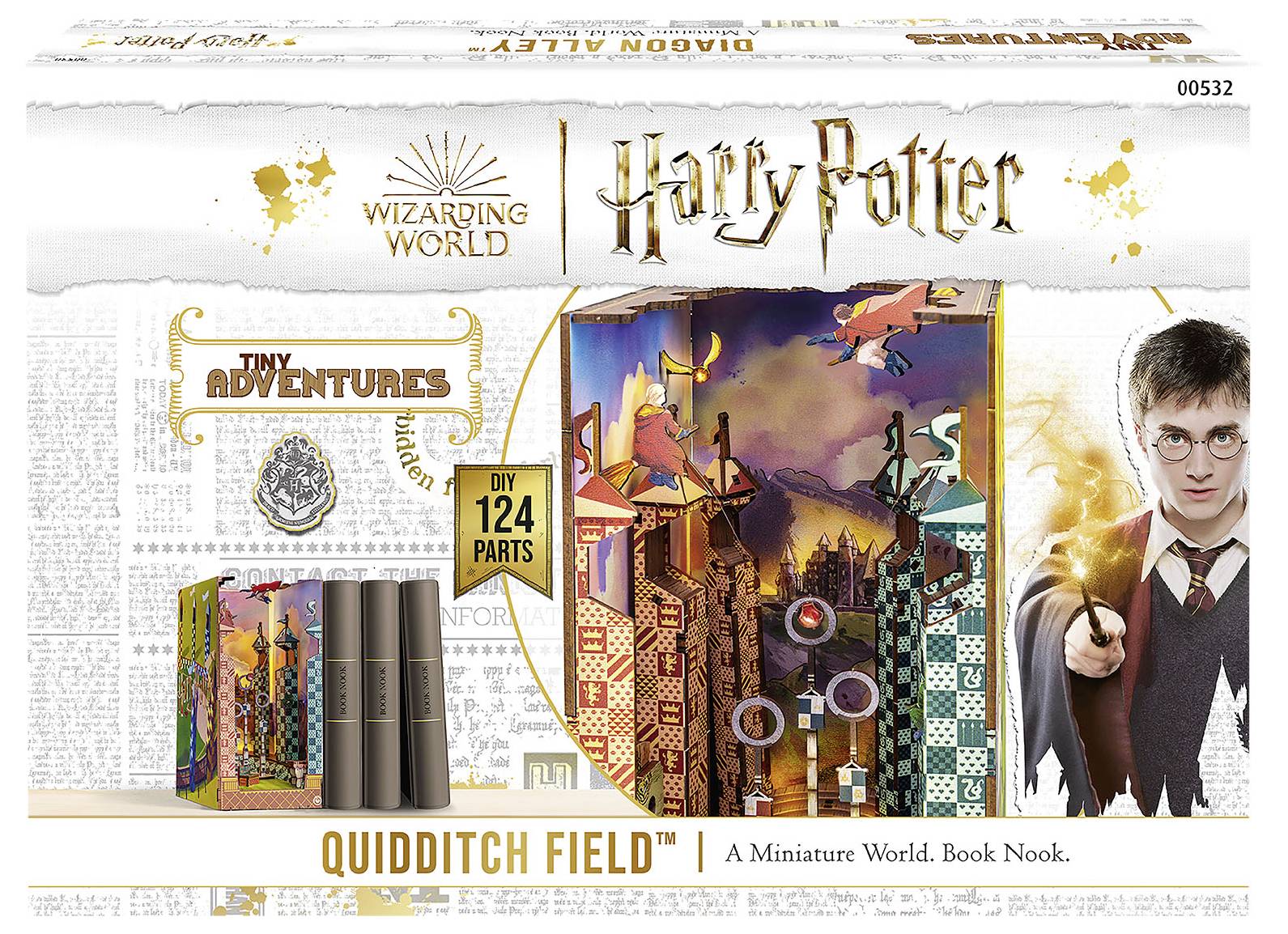 Harry Potter Quidditch-pálya miniatűr könyvespolc készlet, 124 darabos DIY útmutatóval.