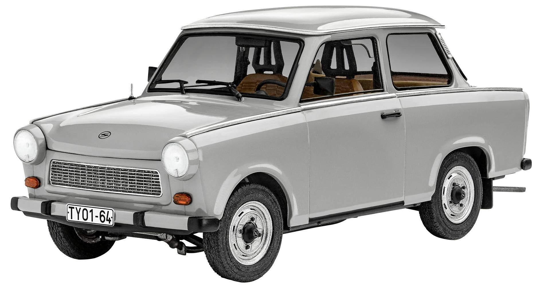 Egy szürke Trabant 601, az NDK ikonikus autója, fehér háttér előtt áll. A jármű klasszikus retró dizájnnal rendelkezik.