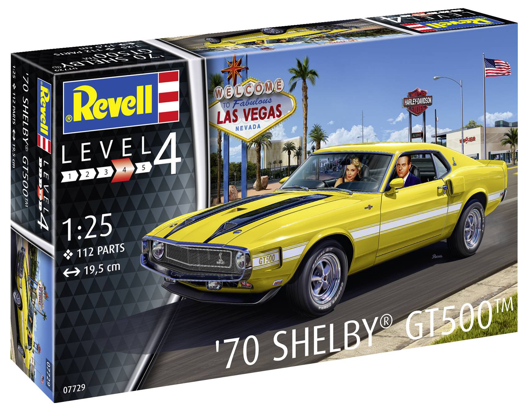 Revell modellépítő készlete; '70-es Shelby GT500-ast mutat a csomagoláson, két személlyel az autóban; Las Vegas tábla a háttérben.