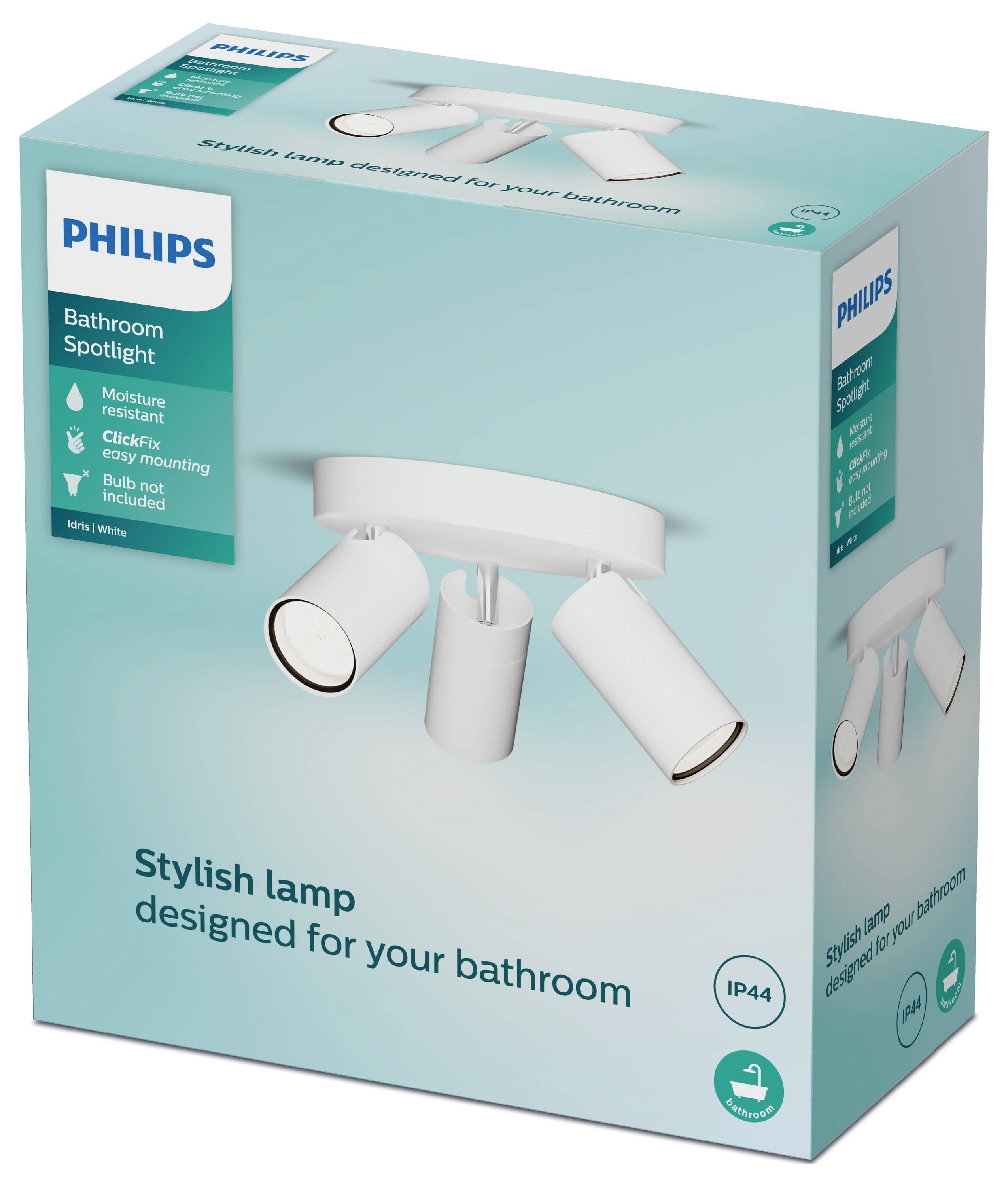 Egy Philips fürdőszobai spotlámpa csomagolása, amely egy háromsugaras dizájnt mutat. Szöveg: 'Stílusos lámpa fürdőszobájába tervezve'.