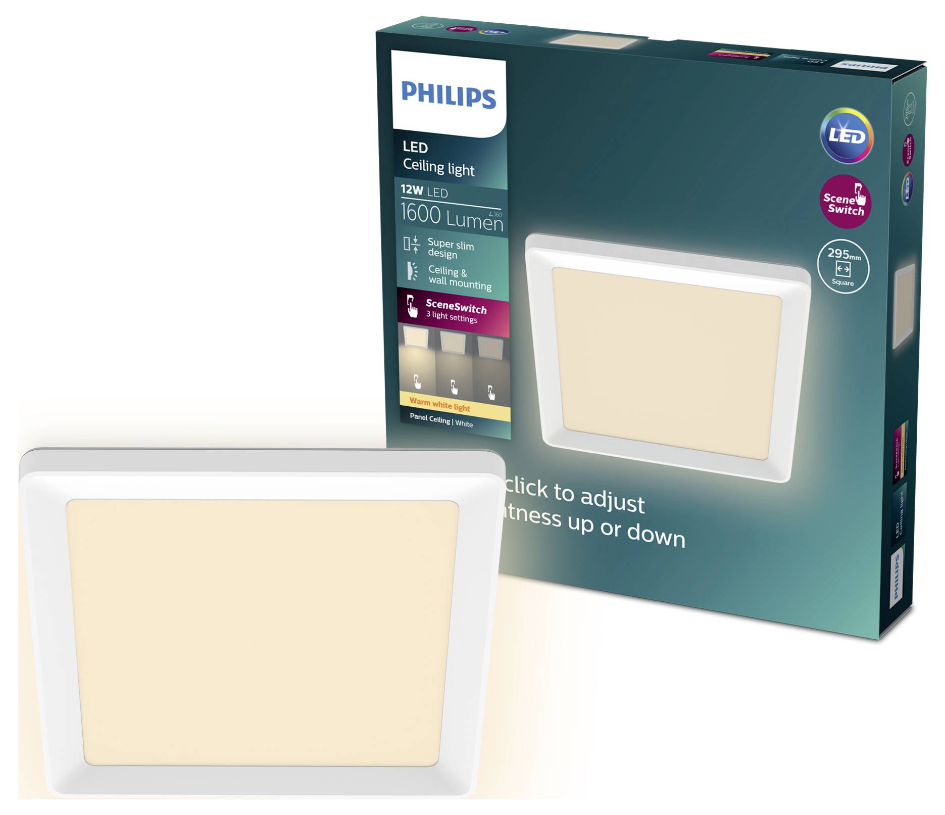 Philips LED mennyezeti lámpa, 12W, 1600 lumen, négyzet alakú távirányítóval, szabályozható fényerejű, csomagolás és lámpa képpel illusztrálva.