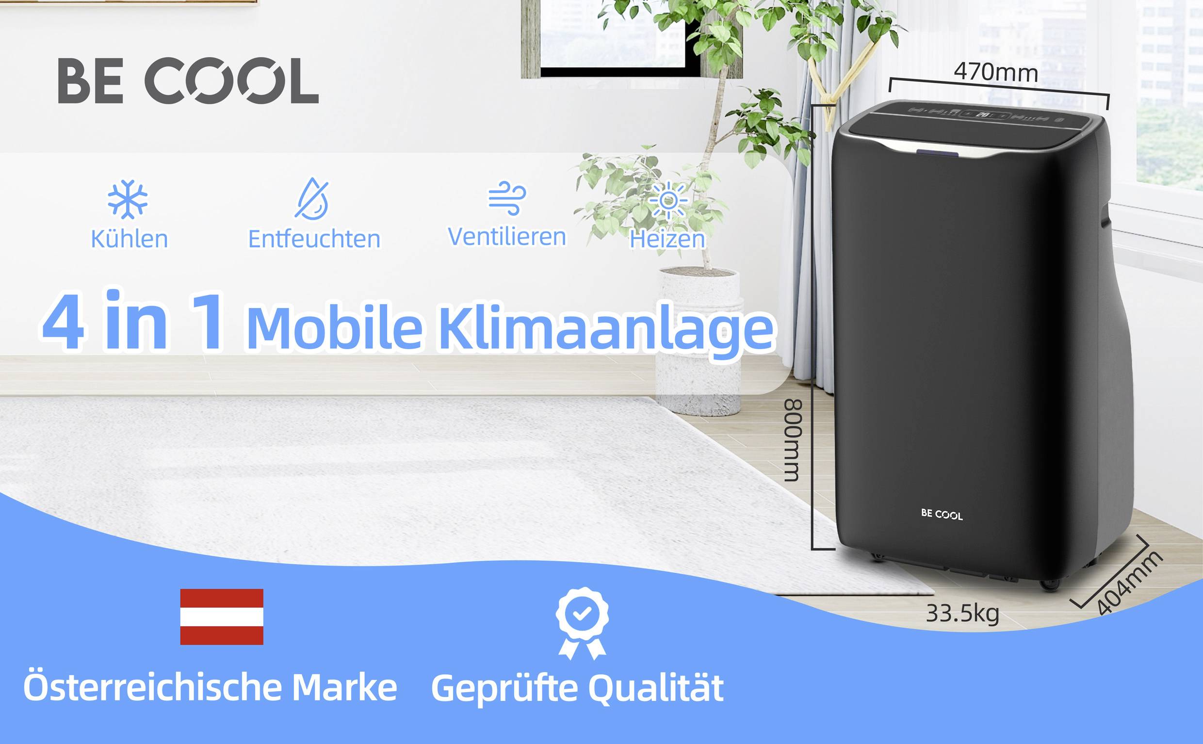 Mobil klímaberendezés egy helyiségben, amelynek funkciói: hűtés, páramentesítés, szellőztetés és fűtés. Mérete: 470x800x404 mm. Osztrák márka.