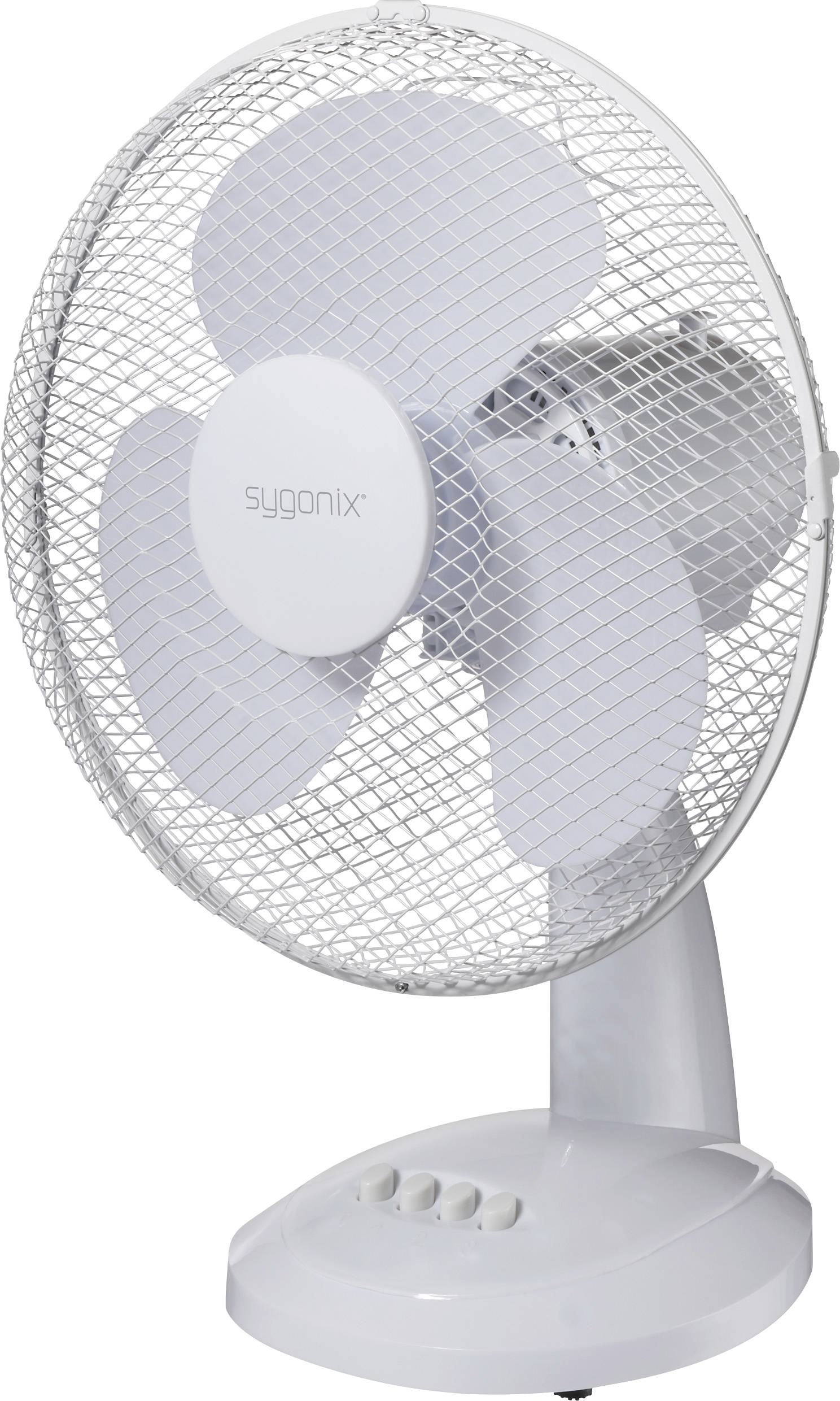 Egy fehér asztali ventilátor ráccsal borított felülettel, három lapáttal és négy kezelőgombbal az alapján.