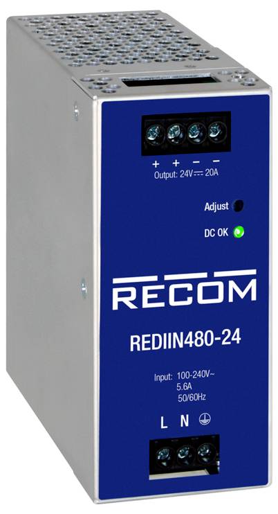 Kék 'RECOM REDIN480-24' feliratú áramellátó egység. Az előlap mutatja a kimenetet, beállítási lehetőségeket és LED-jelzőket.