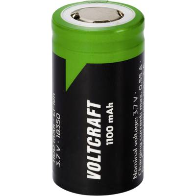 Zöld lítium-ion akkumulátor, 'VOLTCRAFT 1100 mAh' felirattal, névleges feszültség 3,7 V, maximális áramerősség 0,55 A.