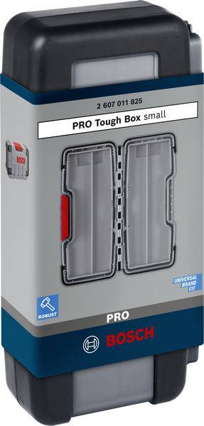 Egy szürke Bosch 'PRO Tough Box small', amely biztonságos tárolásra alkalmas, robusztus kialakítással és kis piros zárral.