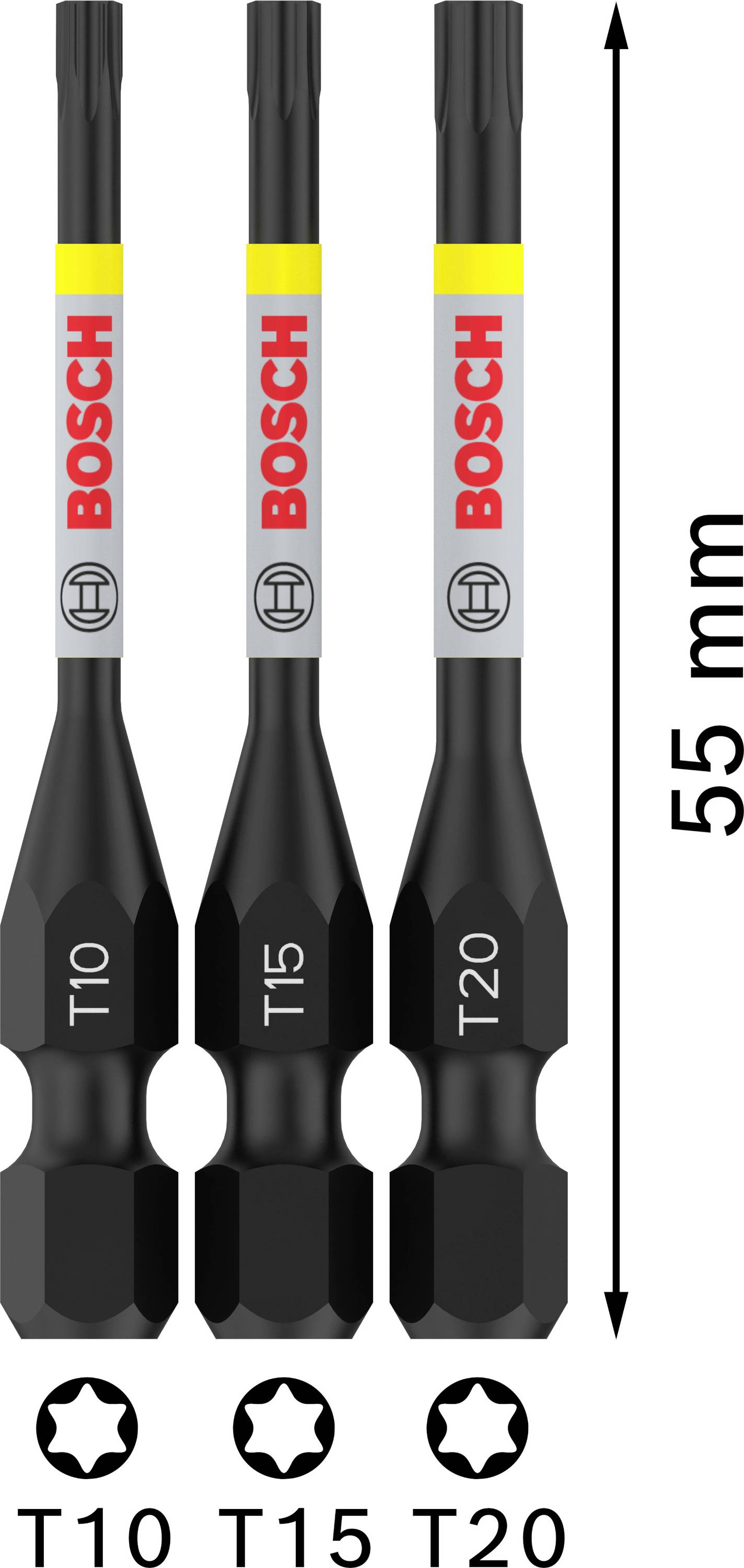 Három Bosch Torx csavarozó bit T10, T15, T20, 55 mm hosszúság, csavarhúzókhoz vagy fúrógépekhez.