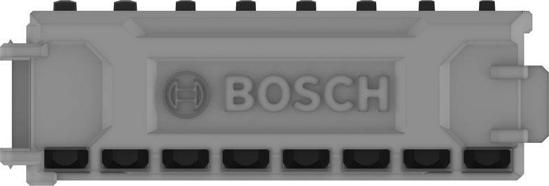 Szürke téglalap alakú doboz "BOSCH" felirattal és több fekete csatlakozónyílással az alsó részén.