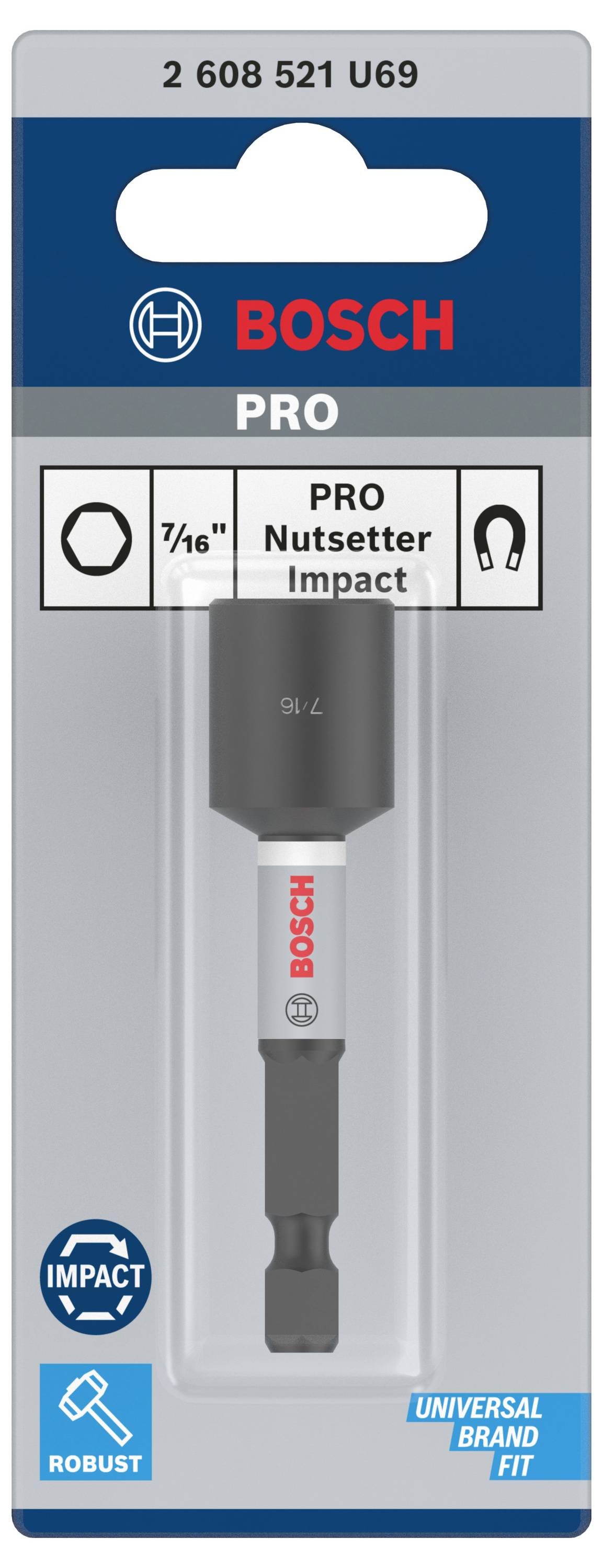 A 'Bosch Pro Nutscrewdriver Impact' eredeti csomagolásában egy robusztus csavarozófej látható, amely univerzális használatra alkalmas, 7/16 hüvelykes méretjelöléssel.