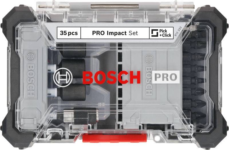 Bosch PRO Impact Set, 35 darabos szerszámkészlet átlátszó fedéllel, fekete kerettel és piros márkalogókkal.