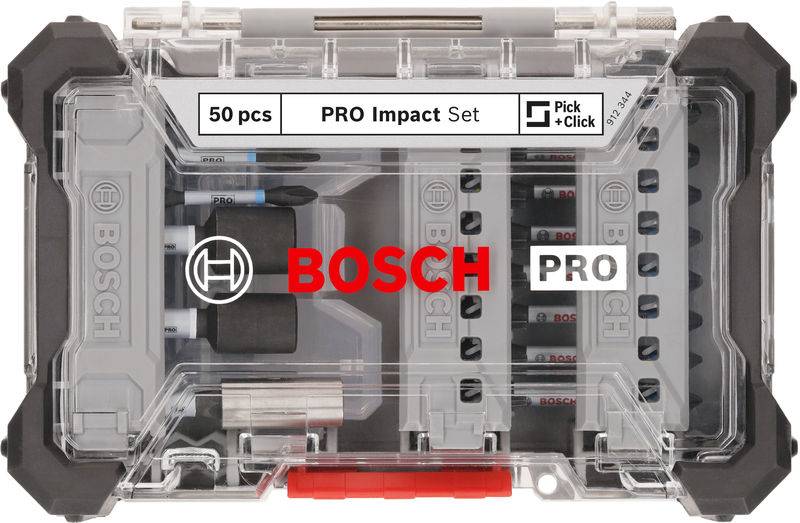 Átlátszó tárolódoboz 'BOSCH PRO' logóval, 50 darabos PRO Impact készlet fúrókkal és bitekkel. Fekete-piros dizájn.