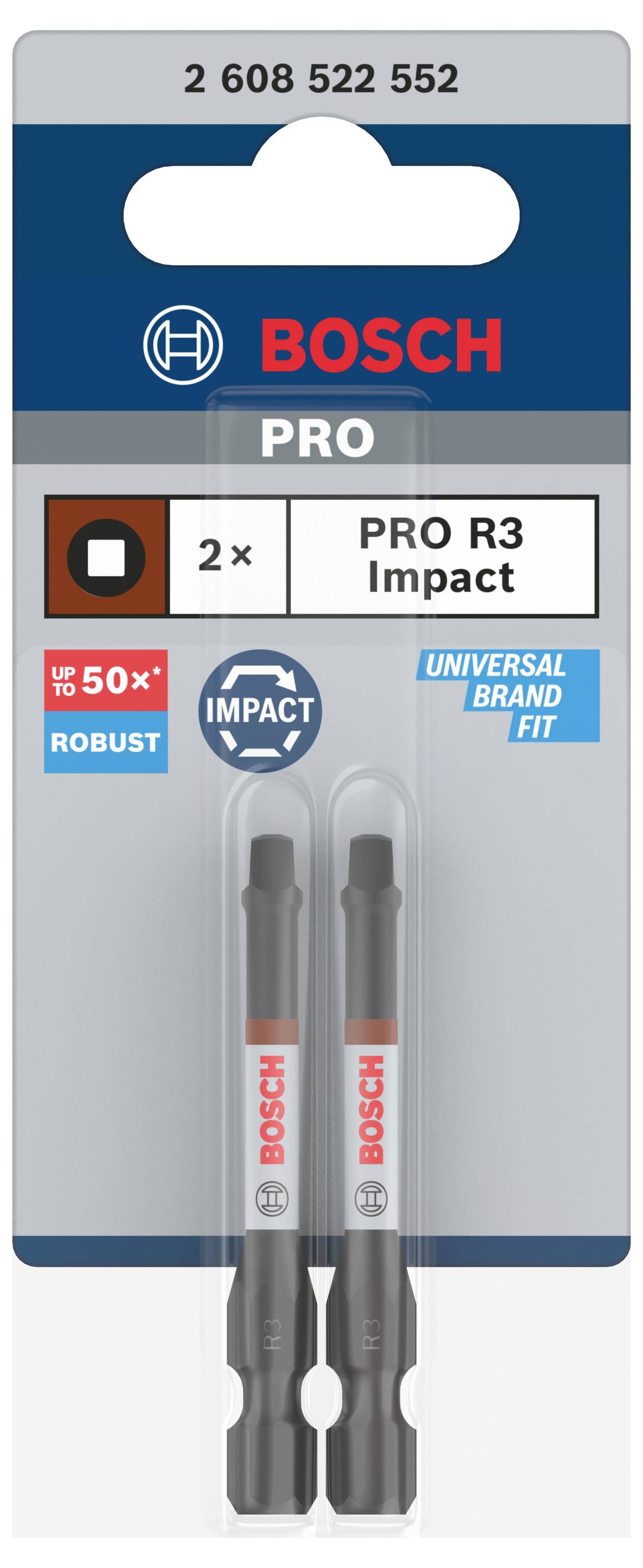 Két Bosch csavarbehajtó bit, 'PRO R3 Impact' modell. A csomagolás univerzális illeszkedést és akár 50%-kal magasabb ellenállóságot mutat.