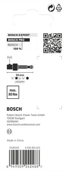 'Bosch Expert' csomagolási címke QR-kóddal. Terméktulajdonságok megjelenítése: Golyó, adapter méretei, Max. 80 Nm. Gyártja: Robert Bosch Power Tools GmbH, Németország. Made in China.