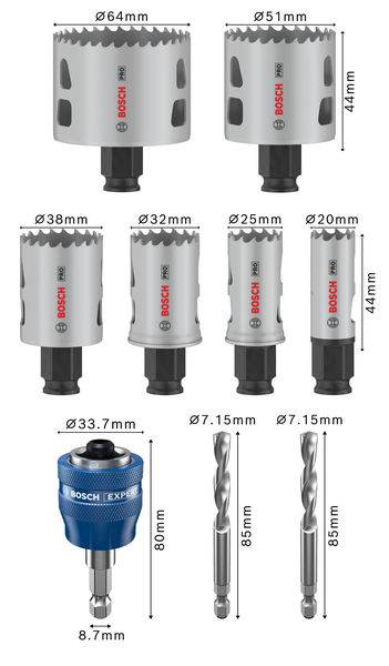 Hét Bosch lyukfűrész különböző átmérőkben 20 mm-től 64 mm-ig, egy fúrófej-adapter és két 80 mm hosszúságú fúrófej.